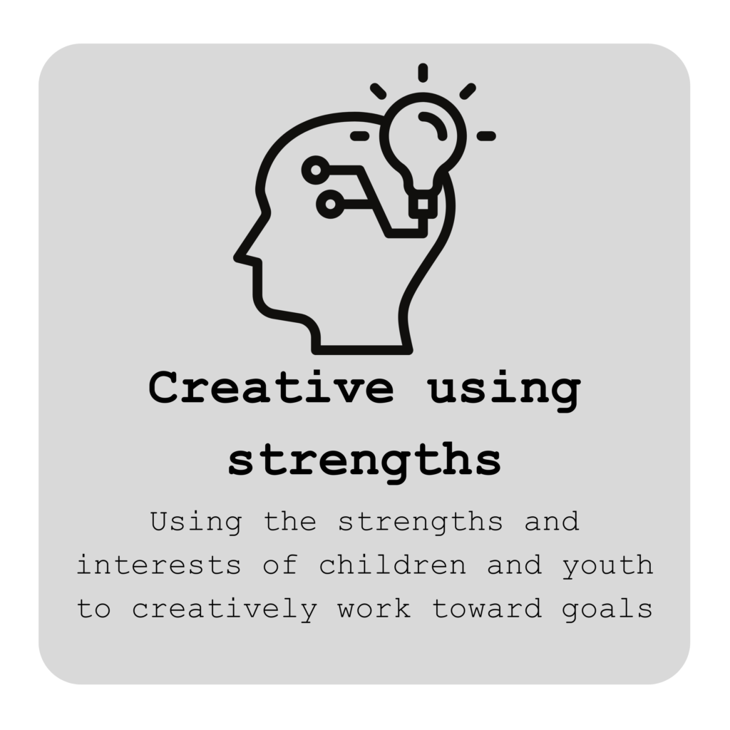 Occupational therapy services with Nicola are creative using strengths
Head with lightbulb graphic
Using the strengths and interests of children and youth to creatively work toward goals